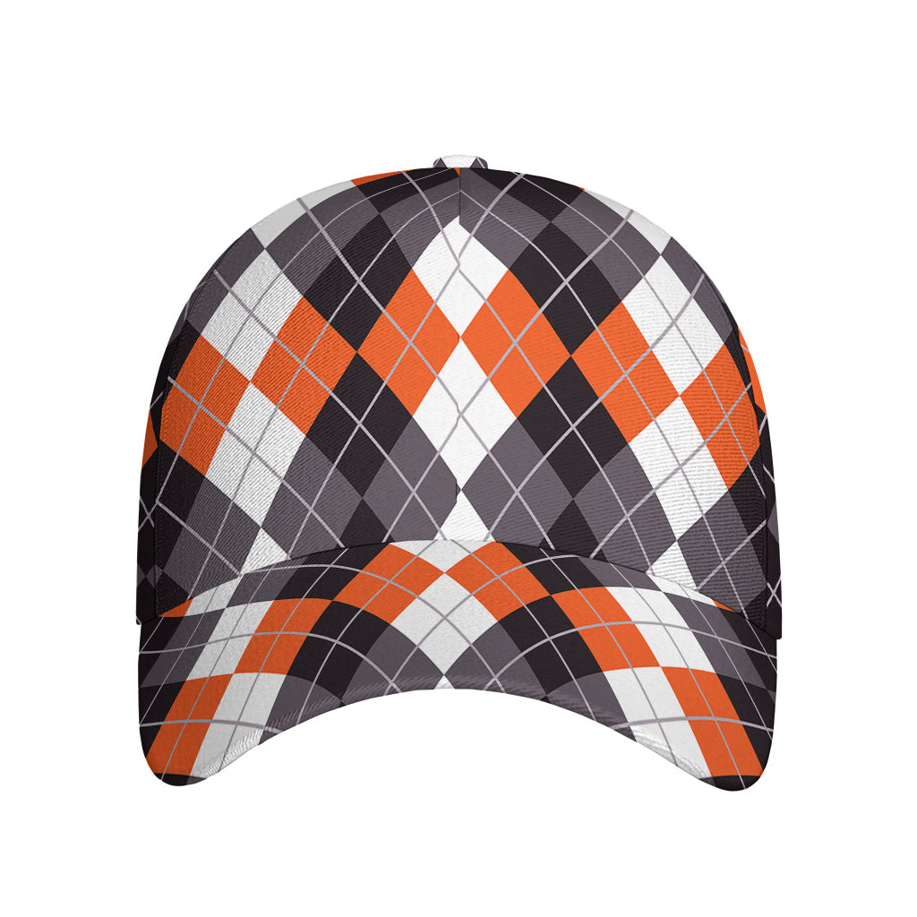 Grey Black Orange And White Argyle Print Baseball Cap