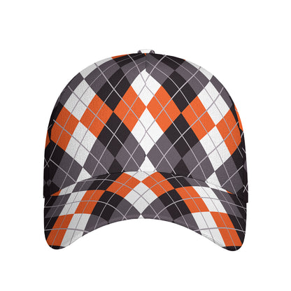 Grey Black Orange And White Argyle Print Baseball Cap