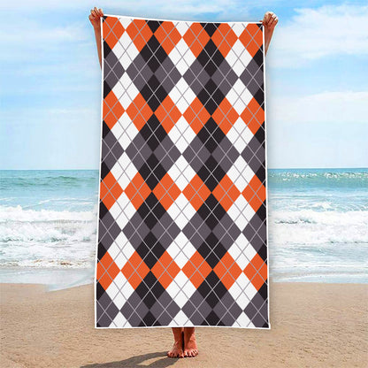 Grey Black Orange And White Argyle Print Beach Towel