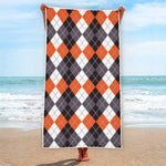 Grey Black Orange And White Argyle Print Beach Towel