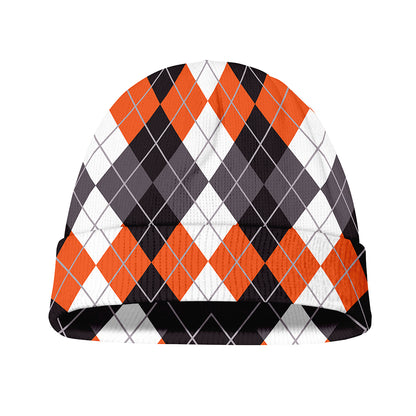Grey Black Orange And White Argyle Print Beanie