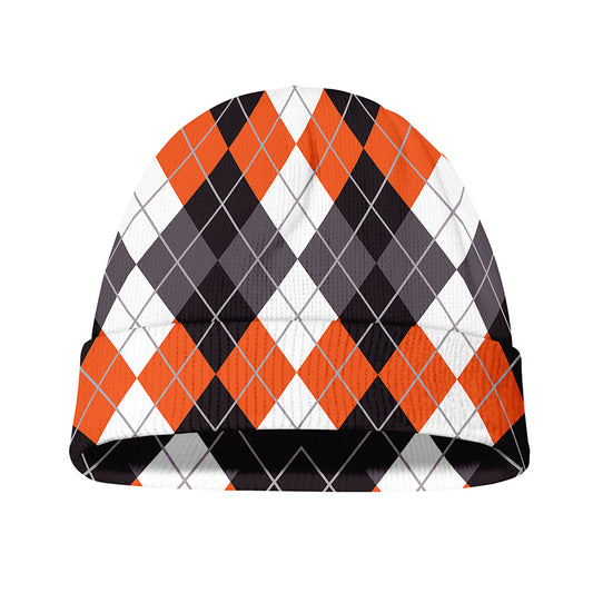 Grey Black Orange And White Argyle Print Beanie