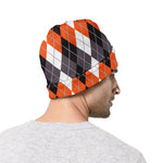 Grey Black Orange And White Argyle Print Beanie