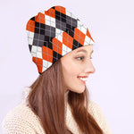 Grey Black Orange And White Argyle Print Beanie