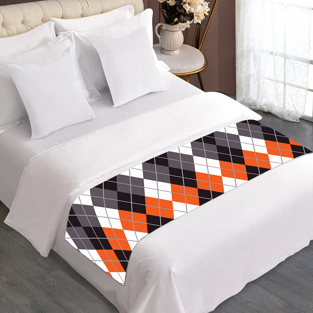 Grey Black Orange And White Argyle Print Bed Runner