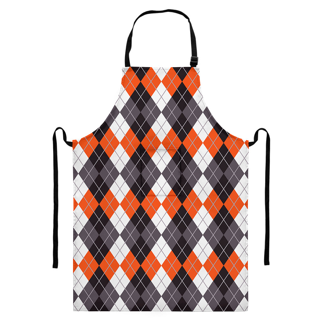 Grey Black Orange And White Argyle Print Bib Apron With Pocket
