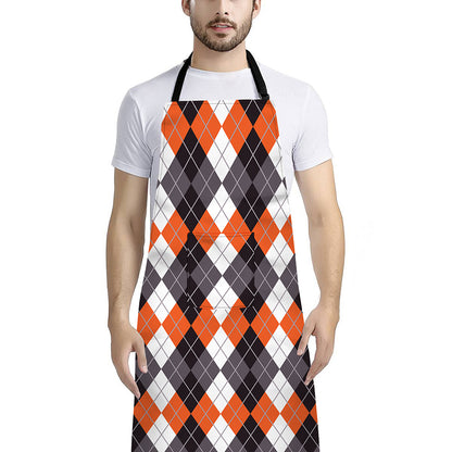 Grey Black Orange And White Argyle Print Bib Apron With Pocket