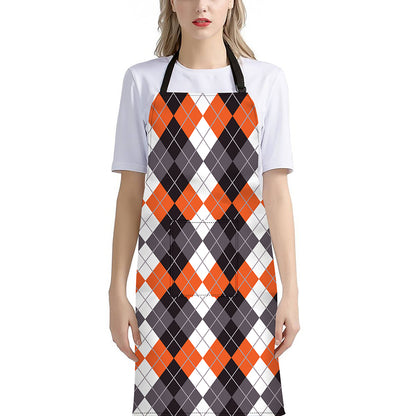 Grey Black Orange And White Argyle Print Bib Apron With Pocket