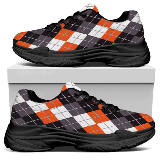 Grey Black Orange And White Argyle Print Black Chunky Shoes