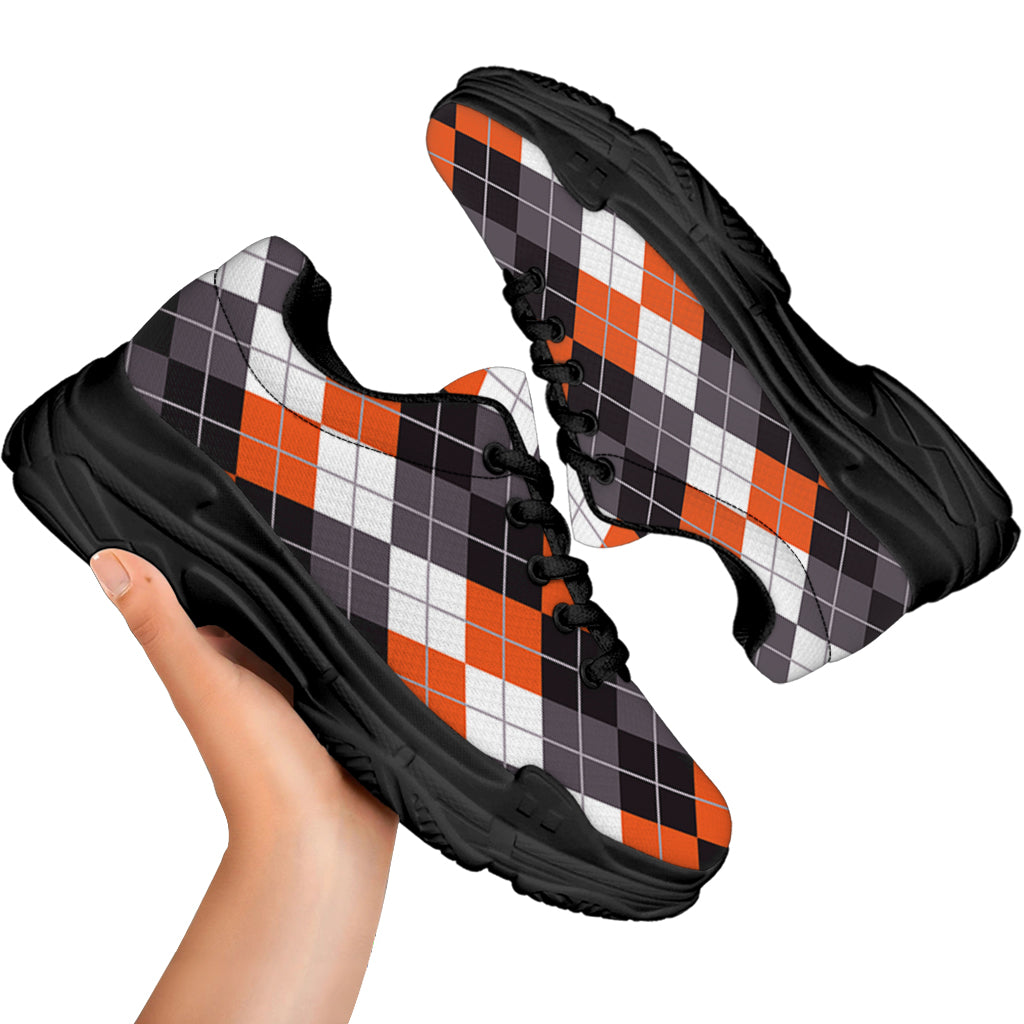 Grey Black Orange And White Argyle Print Black Chunky Shoes