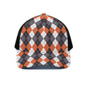 Grey Black Orange And White Argyle Print Black Mesh Trucker Hat