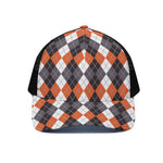 Grey Black Orange And White Argyle Print Black Mesh Trucker Cap