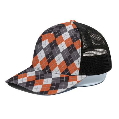 Grey Black Orange And White Argyle Print Black Mesh Trucker Cap