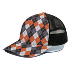 Grey Black Orange And White Argyle Print Black Mesh Trucker Cap