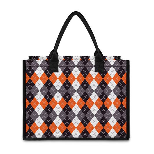 Grey Black Orange And White Argyle Print Canvas Tote Bag