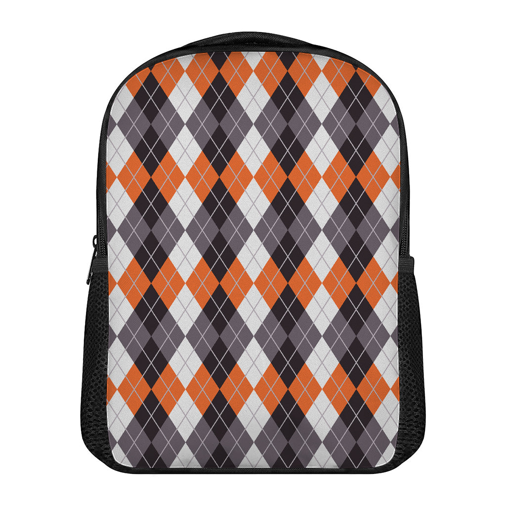 Grey Black Orange And White Argyle Print Casual Backpack