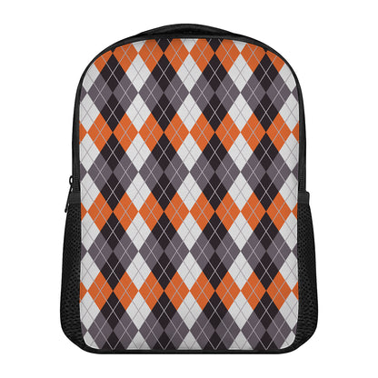 Grey Black Orange And White Argyle Print Casual Backpack