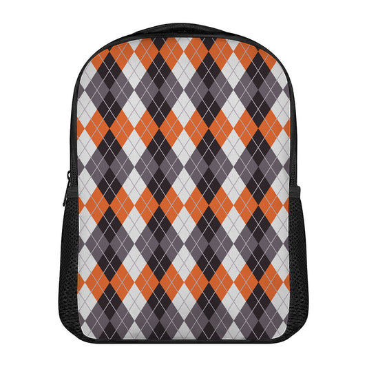 Grey Black Orange And White Argyle Print Casual Backpack