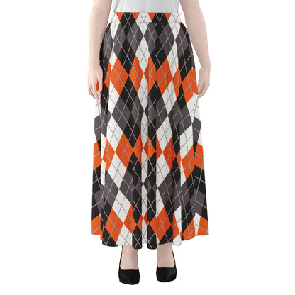 Grey Black Orange And White Argyle Print Chiffon Maxi Skirt