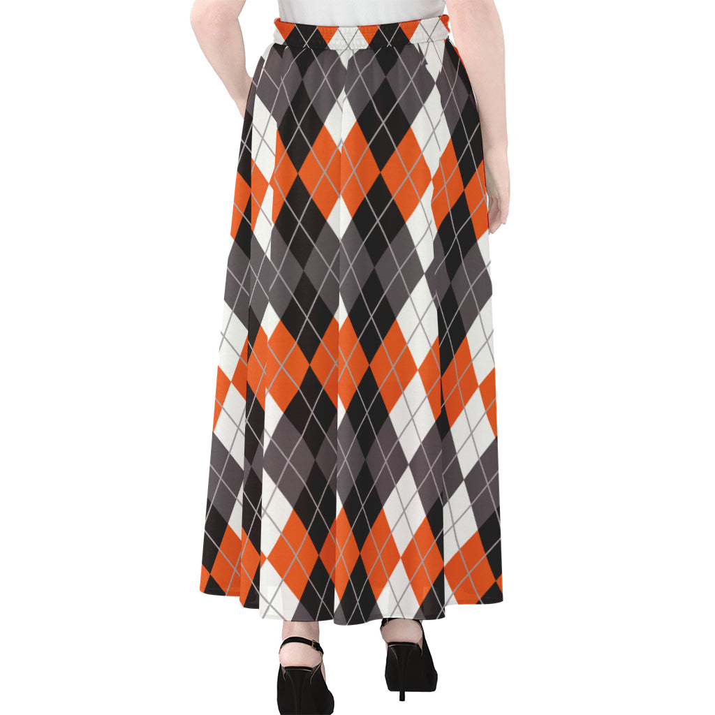 Grey Black Orange And White Argyle Print Chiffon Maxi Skirt