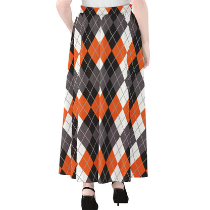 Grey Black Orange And White Argyle Print Chiffon Maxi Skirt