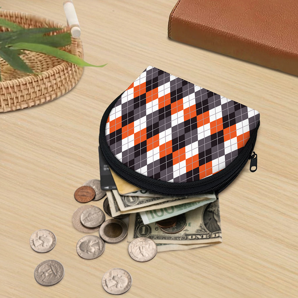 Grey Black Orange And White Argyle Print Coin Purse