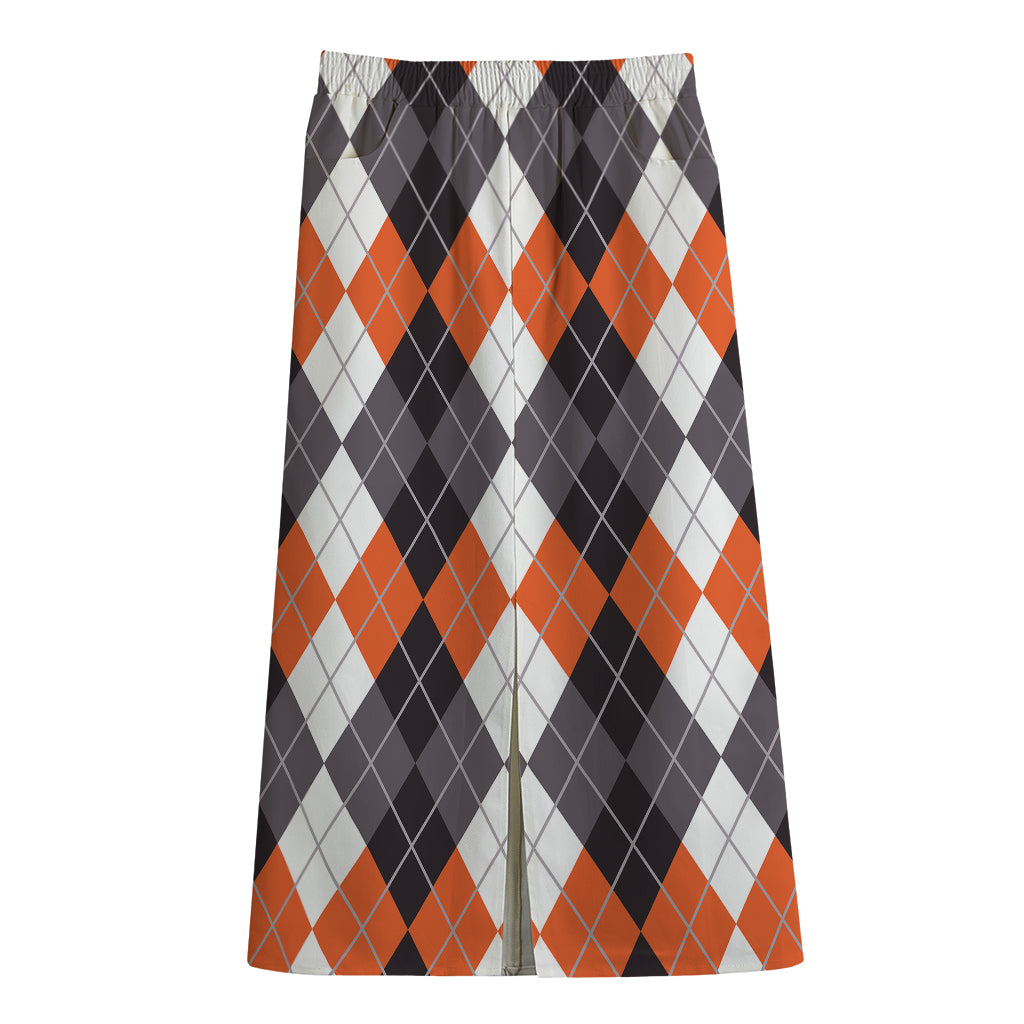 Grey Black Orange And White Argyle Print Cotton Front Slit Maxi Skirt