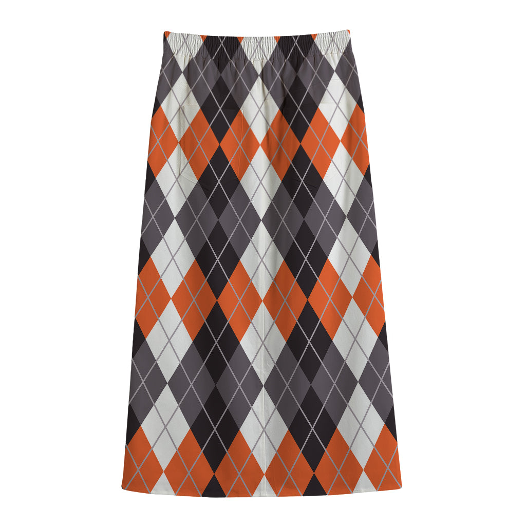 Grey Black Orange And White Argyle Print Cotton Front Slit Maxi Skirt
