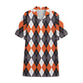 Grey Black Orange And White Argyle Print Cotton Hawaiian Shirt