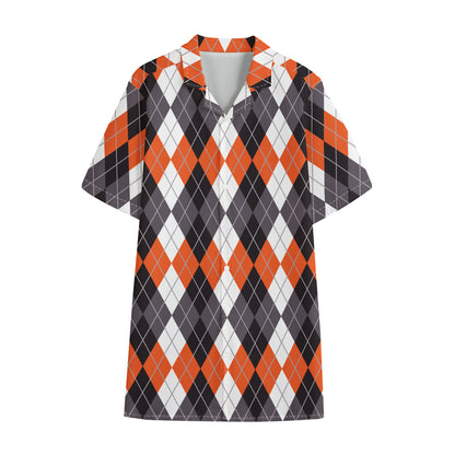 Grey Black Orange And White Argyle Print Cotton Hawaiian Shirt
