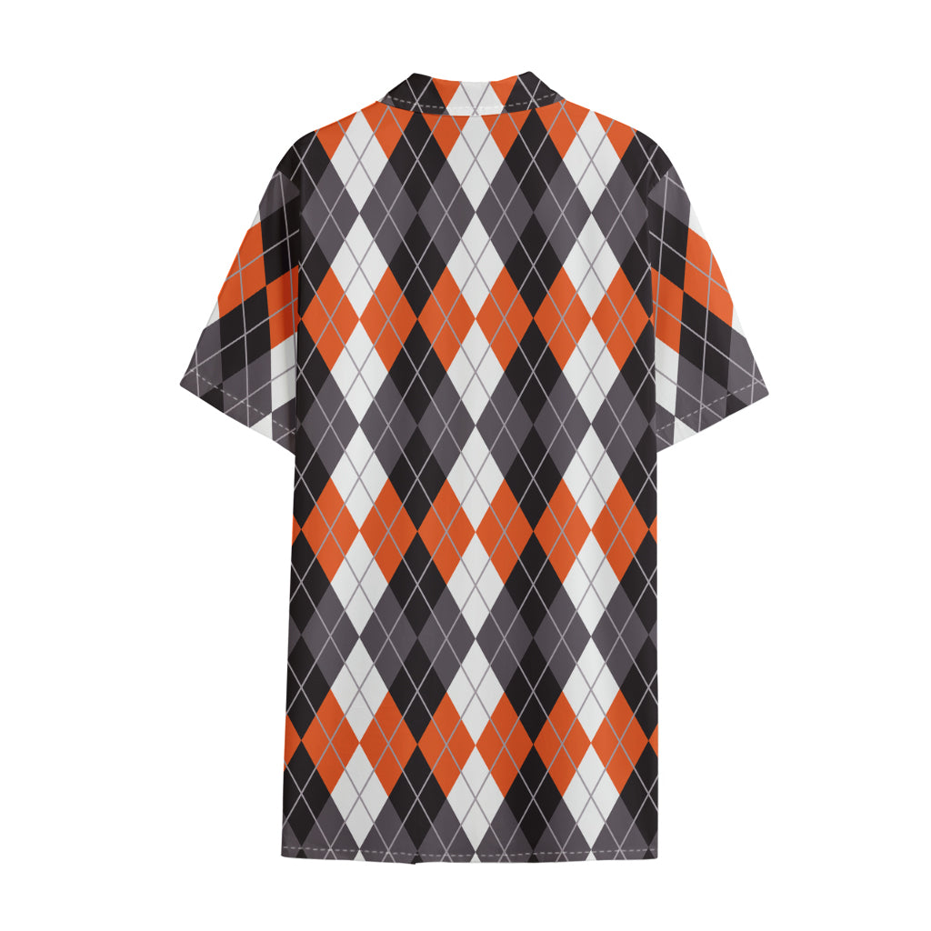 Grey Black Orange And White Argyle Print Cotton Hawaiian Shirt