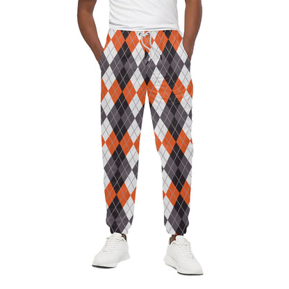 Grey Black Orange And White Argyle Print Cotton Pants