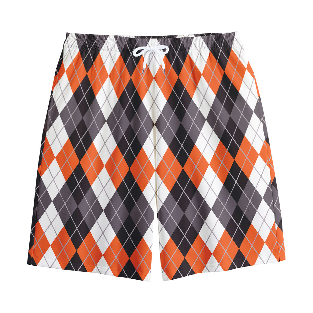 Grey Black Orange And White Argyle Print Cotton Shorts