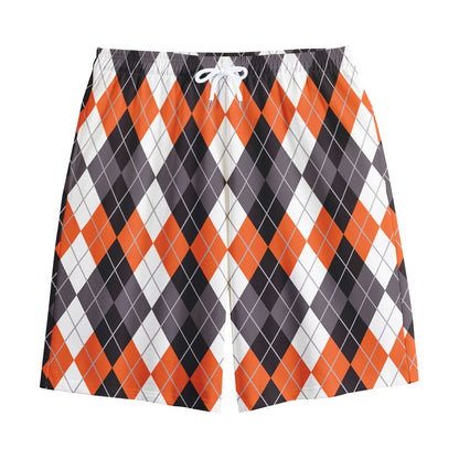 Grey Black Orange And White Argyle Print Cotton Shorts