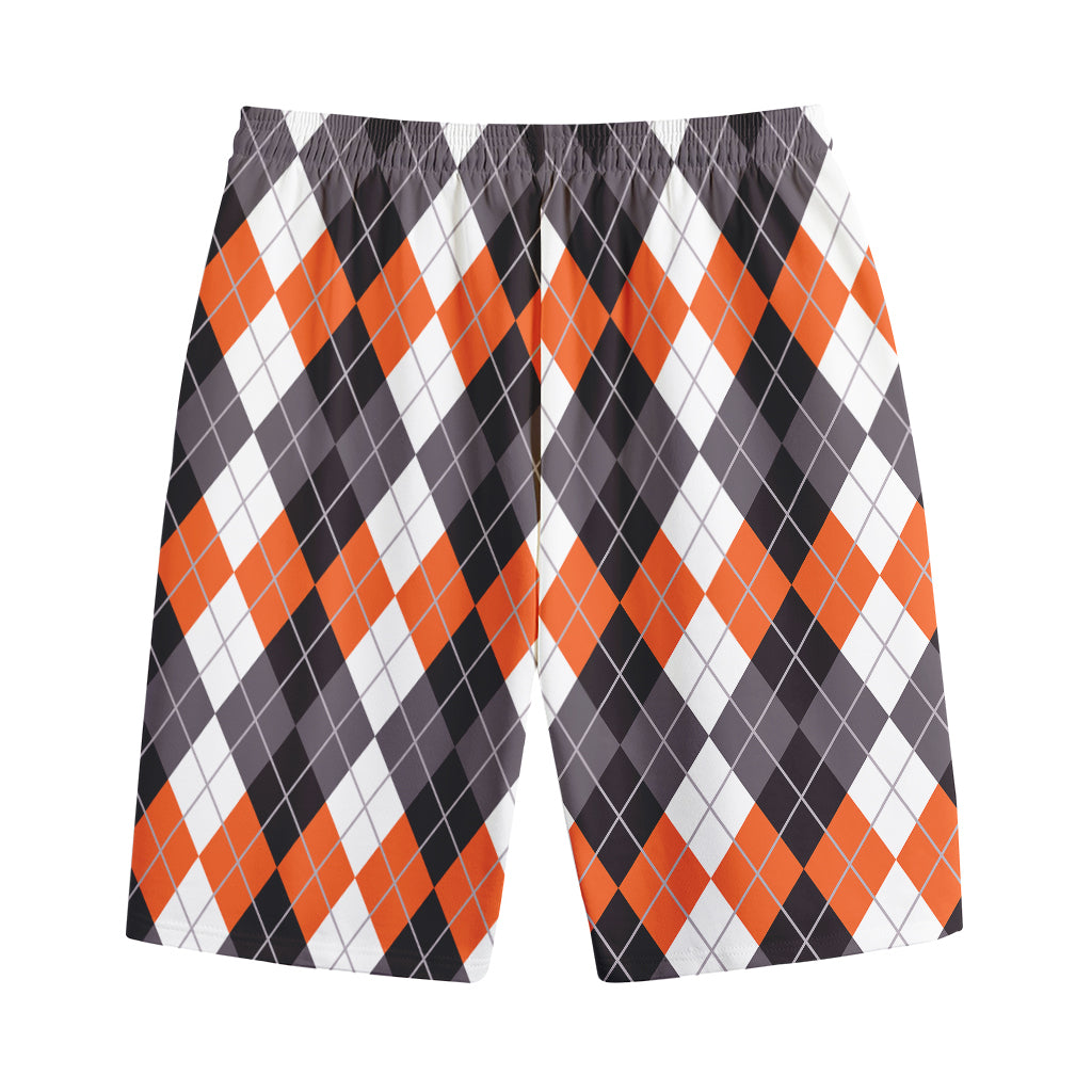 Grey Black Orange And White Argyle Print Cotton Shorts