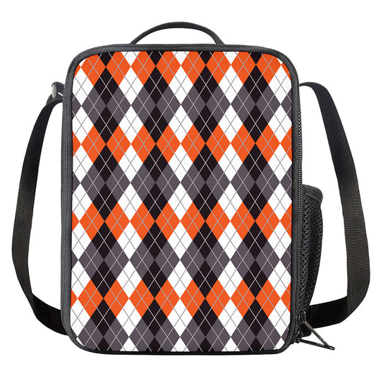 Grey Black Orange And White Argyle Print Crossbody Lunch Bag