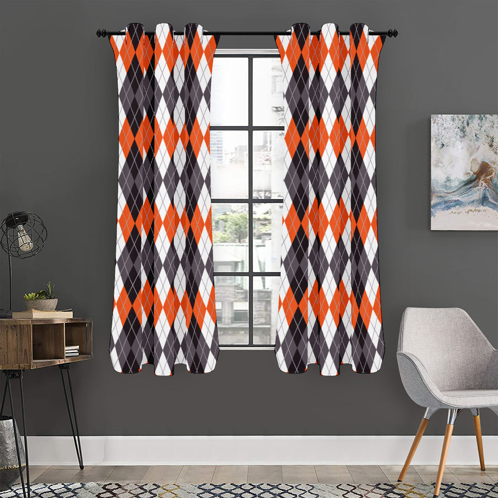 Grey Black Orange And White Argyle Print Curtain