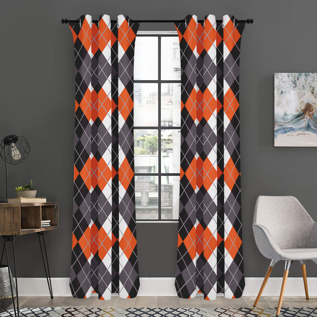 Grey Black Orange And White Argyle Print Curtain