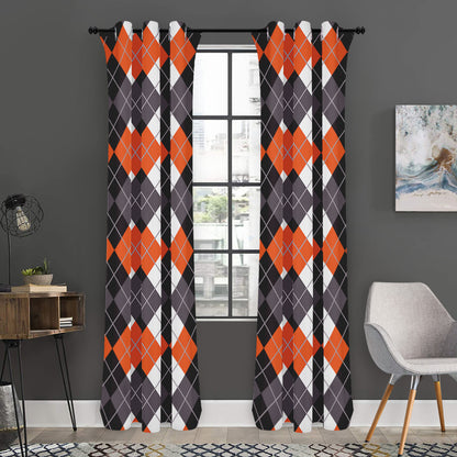 Grey Black Orange And White Argyle Print Curtain