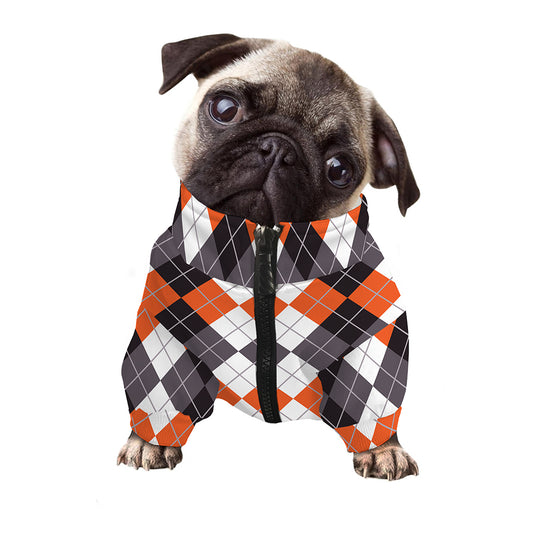 Grey Black Orange And White Argyle Print Dog Zip Up Jacket