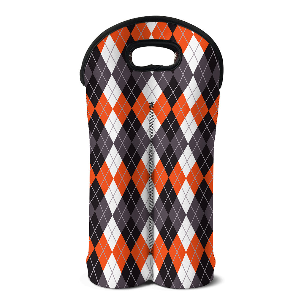 Grey Black Orange And White Argyle Print Double Neoprene Wine Tote