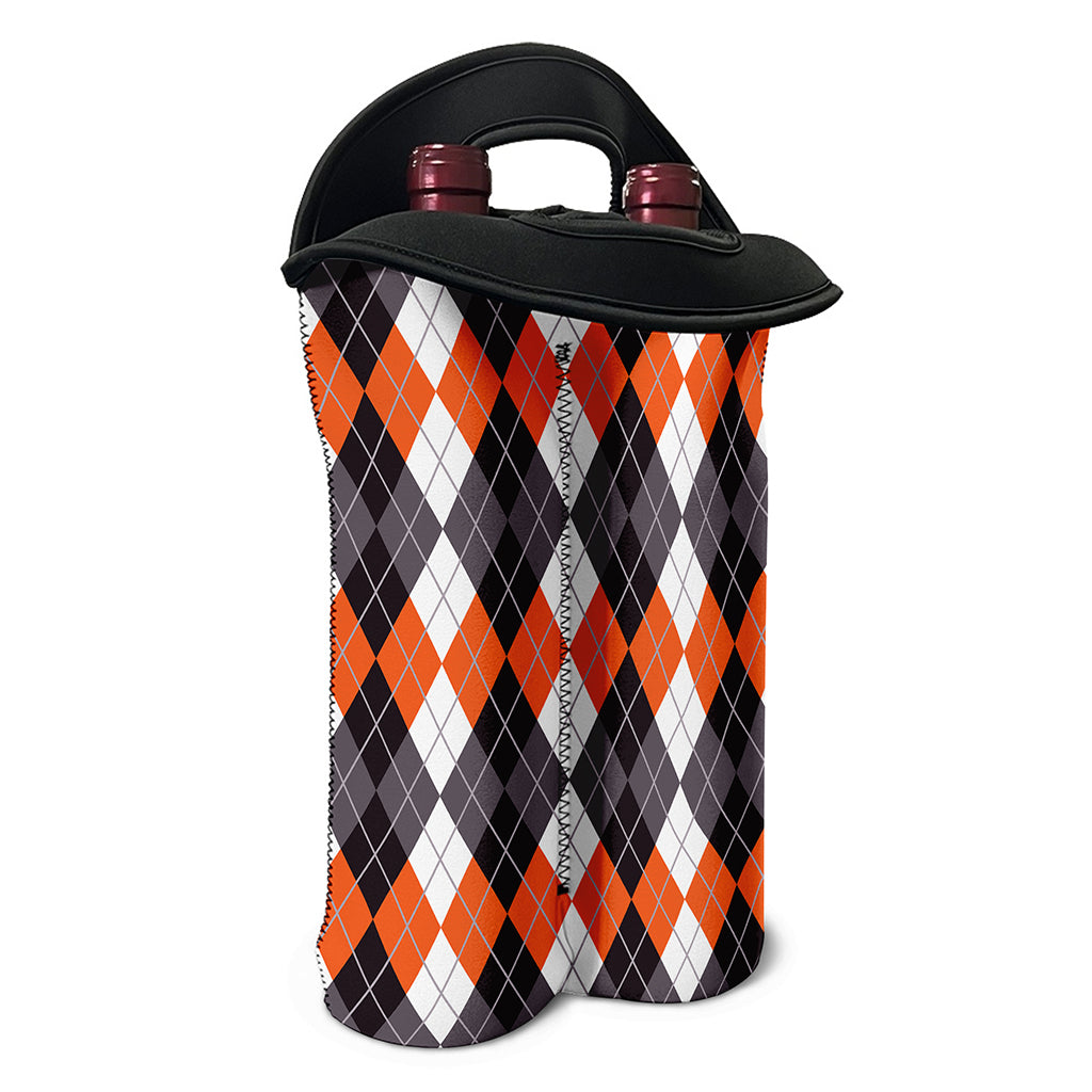 Grey Black Orange And White Argyle Print Double Neoprene Wine Tote