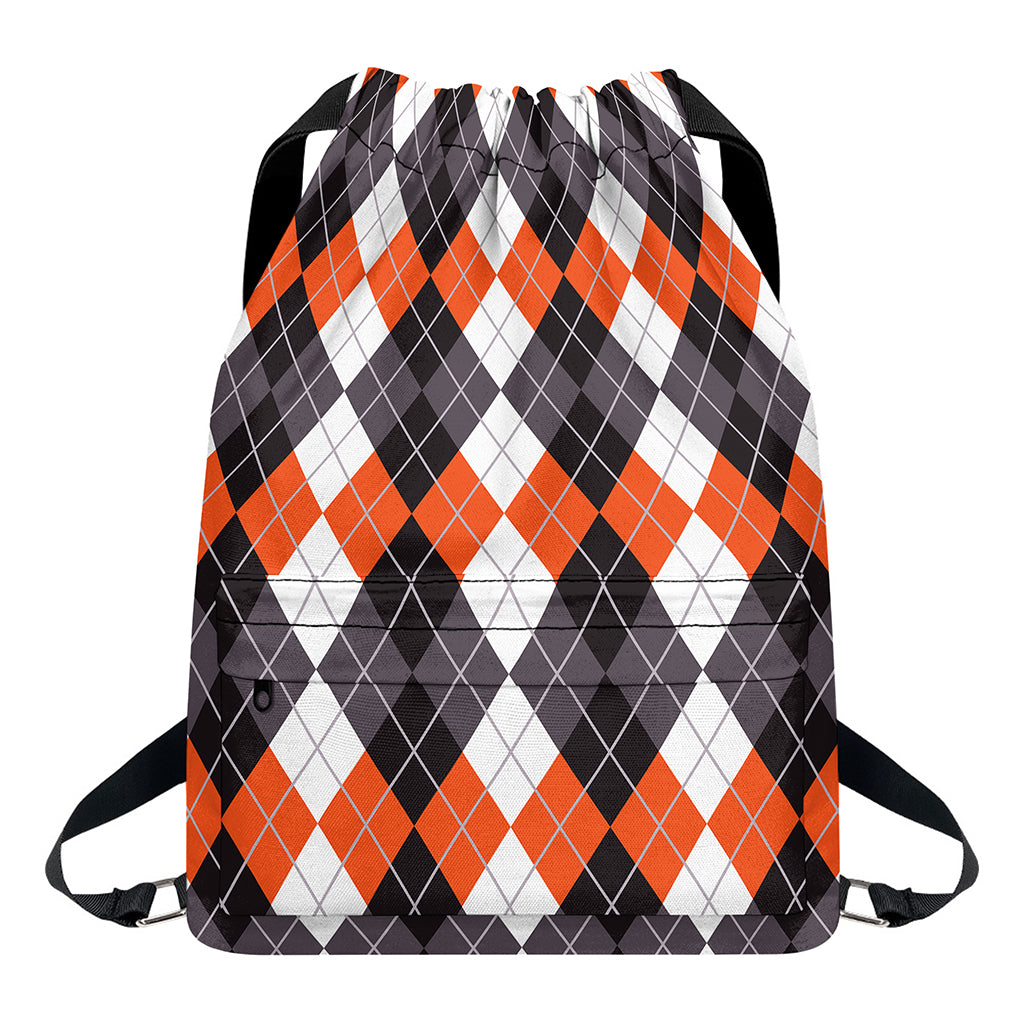 Grey Black Orange And White Argyle Print Drawstring Backpack
