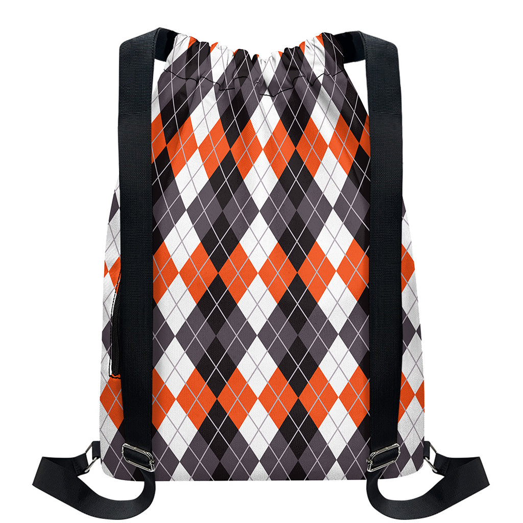 Grey Black Orange And White Argyle Print Drawstring Backpack