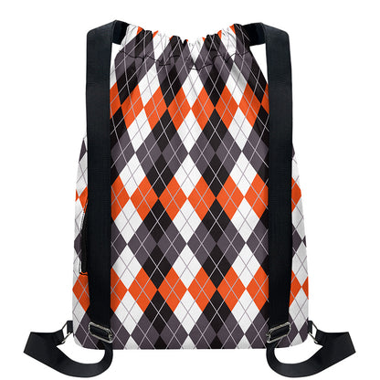 Grey Black Orange And White Argyle Print Drawstring Backpack