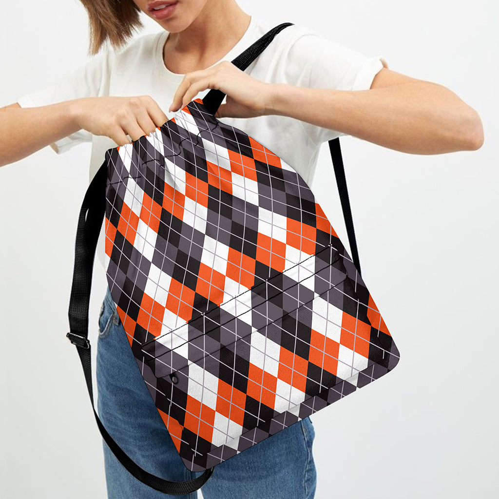 Grey Black Orange And White Argyle Print Drawstring Backpack