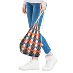 Grey Black Orange And White Argyle Print Drawstring Bag
