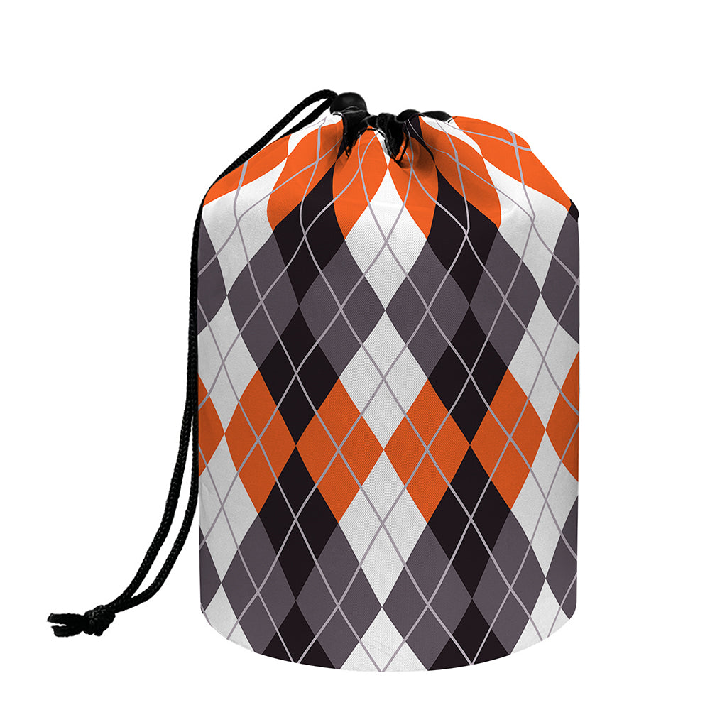 Grey Black Orange And White Argyle Print Drawstring Makeup Bag