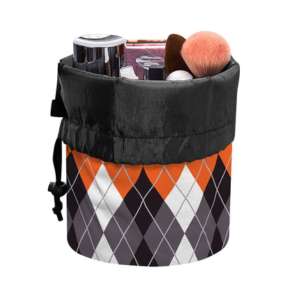 Grey Black Orange And White Argyle Print Drawstring Makeup Bag
