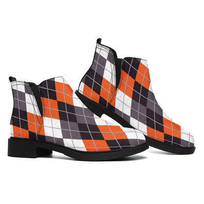 Grey Black Orange And White Argyle Print Flat Ankle Boots